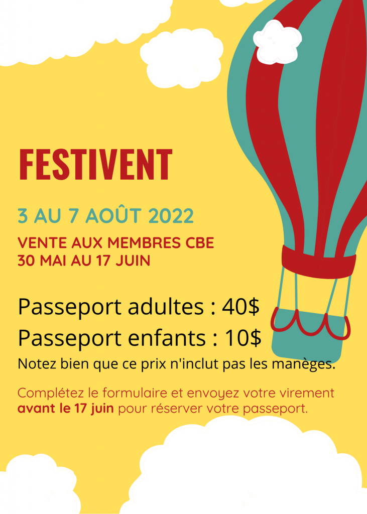 Bannière Festivent 2022, 3 au 7 août, vente aux membres du 30 mai au 17 juin