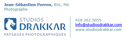 Jean-Sébastien Perron, BSc, MA Photographe (418) 262-5055 info@studiosdrakkar.com