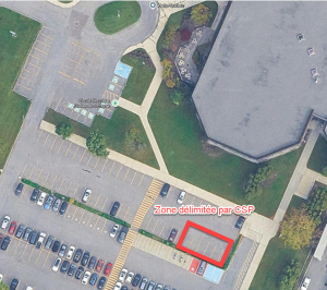 Zone délimitée par le CSP, dans le stationnement des employés, zone Centraide, près de l'entrée des employés